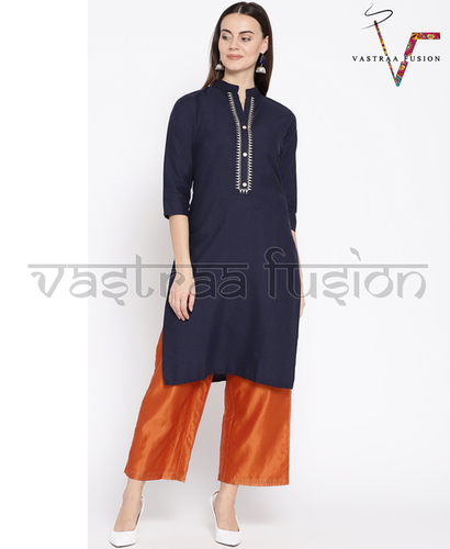 Ladies Solid Neck Embroidered Cotton Kurti