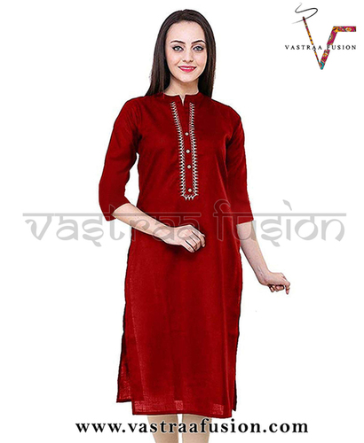 Ladies Solid Neck Embroidered Cotton Kurti