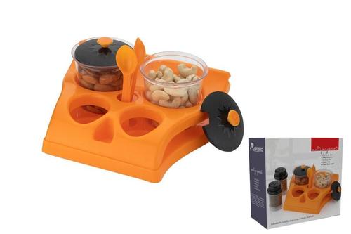 078 Plastic Aachar Pickle Container Chutney Mukhwas Tray/Masala Tray/Dining Spice Stand (Set of 4 Jar 2 Spoon 1 Tray)