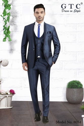 Designer Men Suit - Imported Terry Rayon, Customized Sizes Available, Navy Blue Color, Stylish Tuxedo Piping and Fancy Buttons, Five-Piece Set with Shirt, Trouser, Coat, Waistcoat, Tie