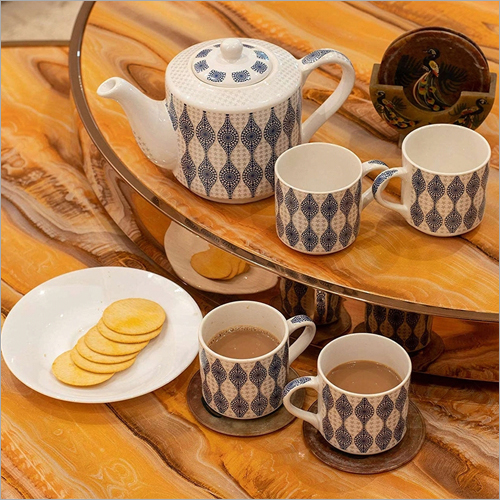 Ceramic Morning Tea Set - Ceramic, 5-10 Inch Length, Includes 4 Cups & Kettle , Customizable Finishes & Colors for Gifting or Personal Use