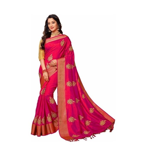 Embroidery Butta work and Jacquard Woven border saree in pink