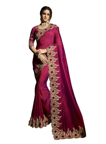 Party Wear Simple Embroidered Border Satin Saree In Dark Pink