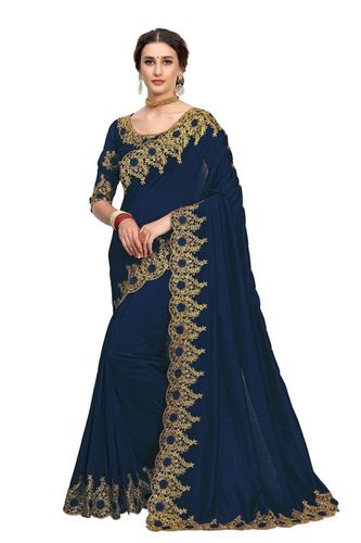 Designer Simple Embroidered Border Satin Saree In Blue