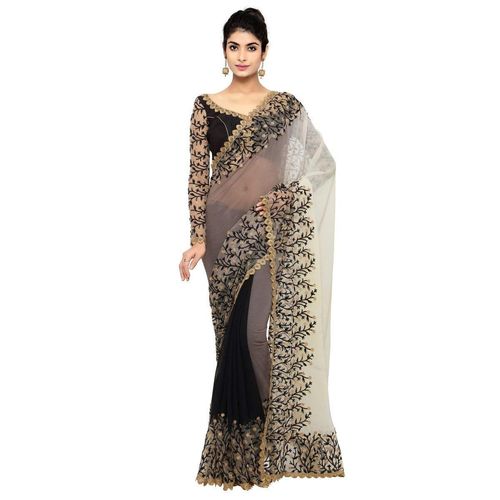 Party Wear Floral Heavy Embroidered Georgette And Net Saree In Black