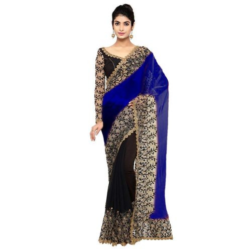 Party Wear Floral Heavy Embroidered Georgette And Net Saree In Blue And Black