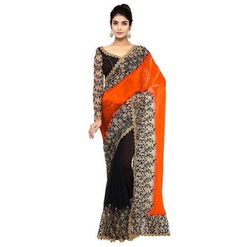 Party Wear Floral Heavy Embroidered Georgette And Net Saree In Orange And Black