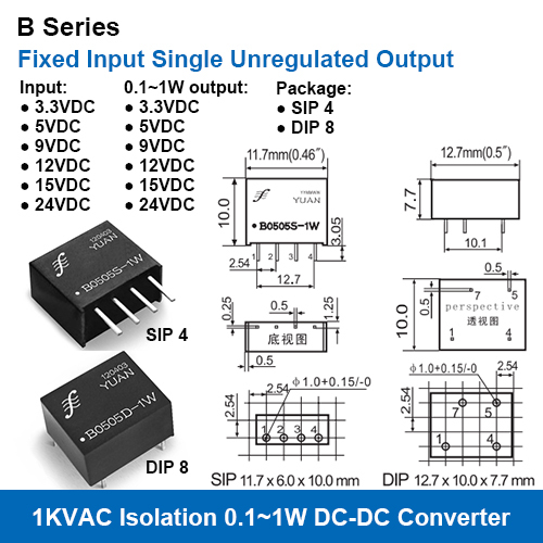 Small Size 1KVAC Isolation Fixed Input Unregulated Output DC-DC Converters