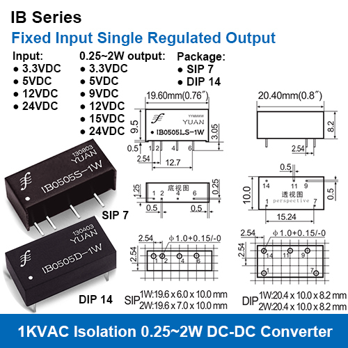 IB Series 1KVAC Isolation Fixed Input Single Regulated Output DC DC Converters
