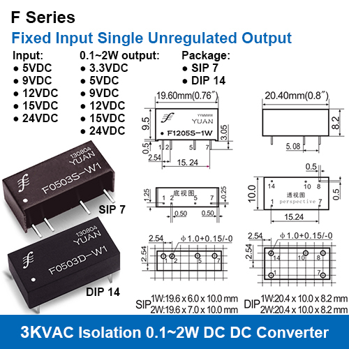 F Series 3KV Isolation Fixed Input Single Unregulated Output DC DC Converters