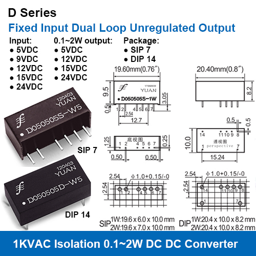 D Series 1KVAC Isolation Fixed Input Dual Loop Unregulated Output Power Modules