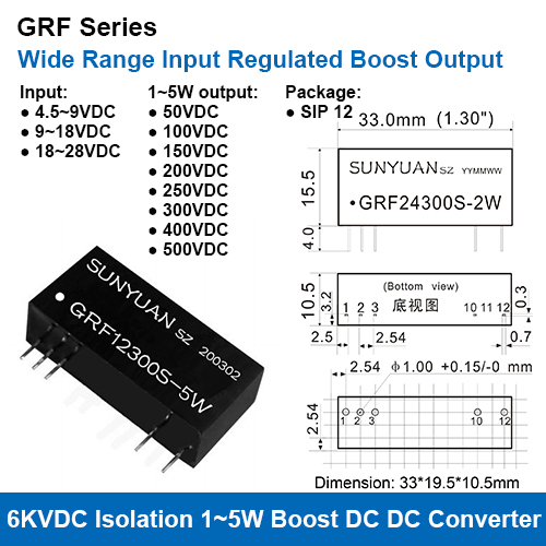 GRF Series 6KVDC High Isolation Wide Range Input High Voltage Regulated Output DC DC Converters