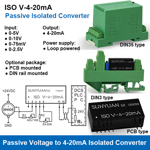Iso V-4-20ma Loop Powered Voltage To 4-20ma Signal Converters