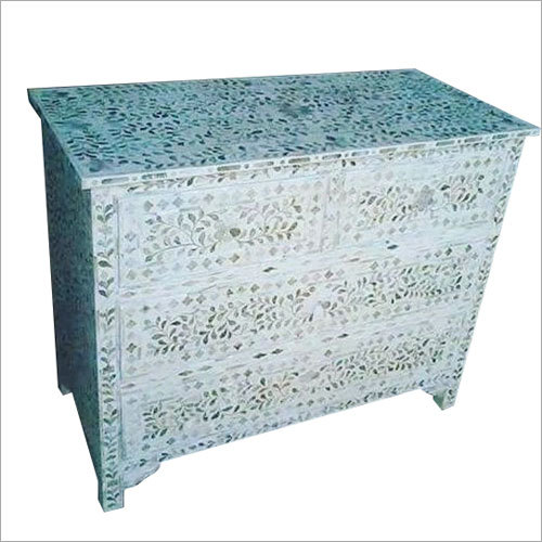 Mother Of Pearl Modern Chest Of Drawer - Wood 35x35x19 cm | Handmade Geometric Design Four Spacious Drawers Antique Finish