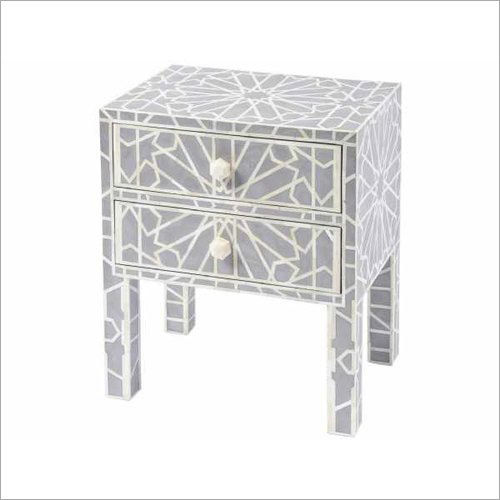 Bone Inlay Bedside Table - Camel Bone & Resin, 58x56x46 cm | Antique Handmade Floral Geometric Design, 2 Drawer Decorative Furniture