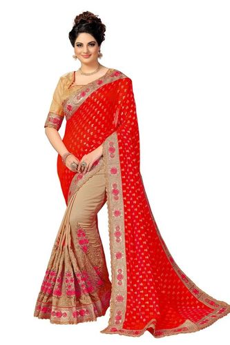 Red Fancy Embroidered Jacquard Silk Saree