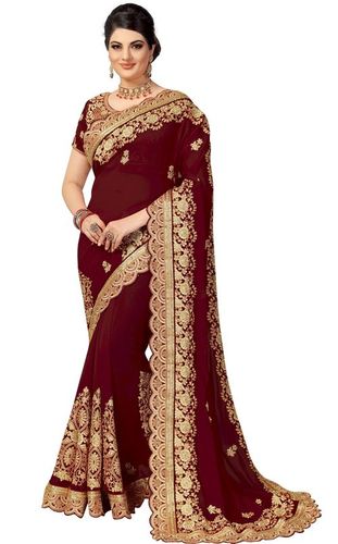 Embroidered Silk Saree with Stone Border Work - 5.5 mtr Length, Brown Color | Unstitched Dupion Silk Blouse, Heavy Embroidery, Suitable for Festive and Wedding Occasions