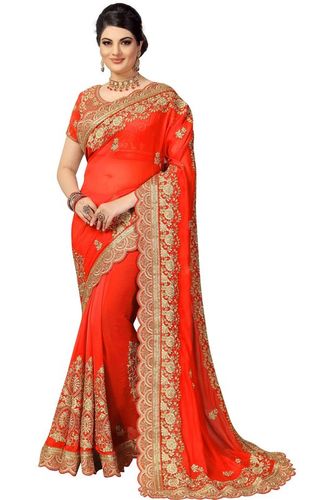 Orange Fancy Embroidered Silk Saree Collection