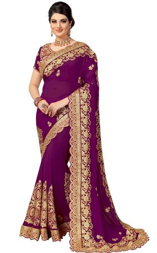 Embroidery Silk Saree - 5.5 Mtr Length with Dupion Silk Blouse, Dark Purple Color, Heavy Stone Work for Festive Occasions