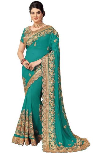 Dark Green Fancy Embroidered Silk Saree Collection