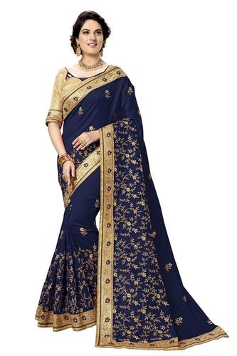 Kalamkari Embroidered Satin Saree - 5.5 Mtr Length with Unstitched Blouse, Dark Blue and Cream with Lace Border and Stone Work, Perfect for Festive and Wedding Occasions