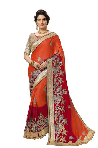 Red And Orange Ombre Pattern Embroidered Satin Saree