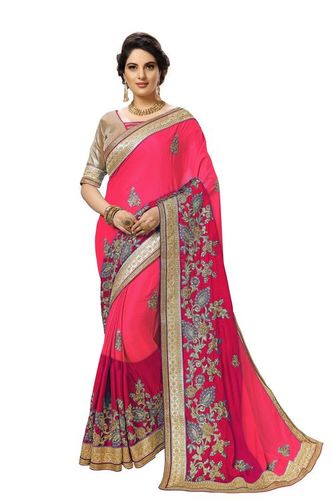 Pink Ombre Pattern Embroidered Satin Saree