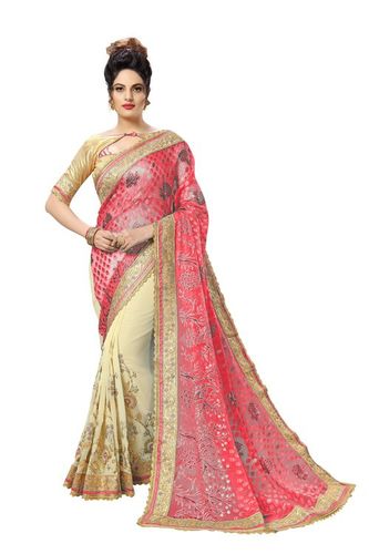 Half and Half Embroidered Brasso & Georgette Saree - 5.5m Length with Unstitched Blouse | Pink and Cream Color, Peacock Pattern Pallu, Party Wear, Medium to Hot Iron Wash