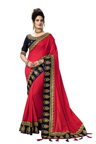 Kalamkari Embroidered Satin Saree - 5.5 Mtr Length, Red Color | Tassel Bordered Design, Dupion Silk Blouse, Festive & Wedding Wear
