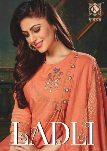 Dry Cleaning Cotton Mull Floor Length Long Kurti ( With Handwork / Peetawork And Gold Foil Print) With Dupatta Gold Print