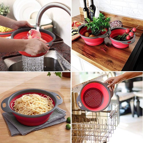 Red 2 Pieces Collapsible Foldable Fruit Vegetable Washing Basket Strainer