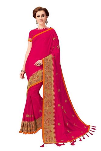Heavy Embroidered Silk Saree - 5.50 Mtr With Tassel Pallu | Pink Color, Resam Embroidery, Party And Wedding Perfect