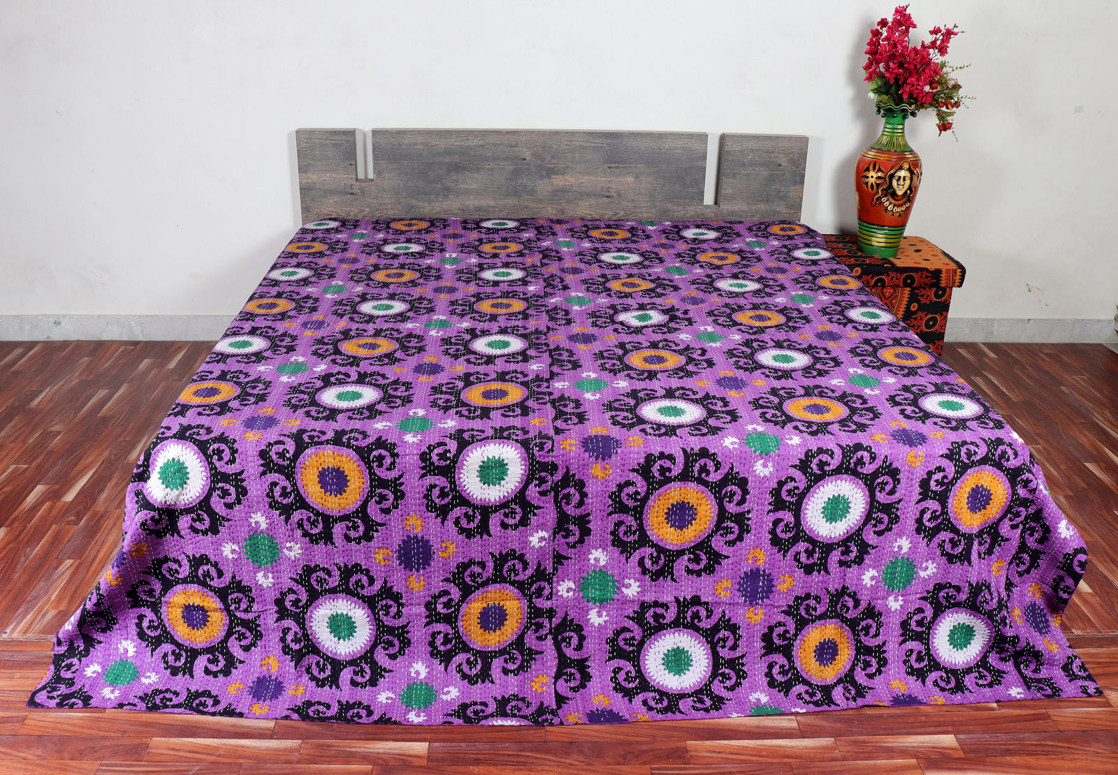 Cotton Kantha Allover Printed Bed Cover