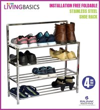 Livingbasics 4 Tier Stainless Steel Shoe Rack - 64x24x68 Cm | Eco-friendly, Portable, Locking System, Foldable Design, Easy Shoe Organization
