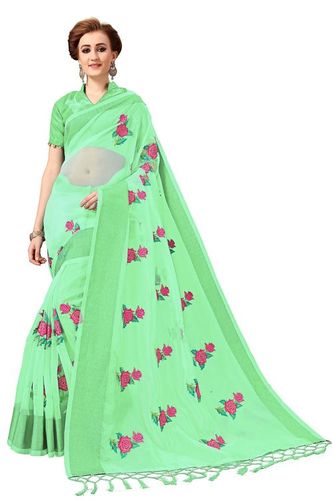 Green Rose Design Embroidered Saree