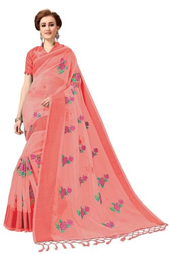 Orange Rose Design Embroidered Saree