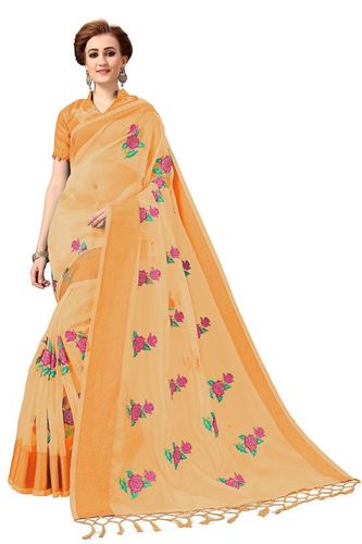 Orange Rose Design Embroidered Saree