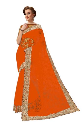Orange Bollywood Embroidered Net Saree