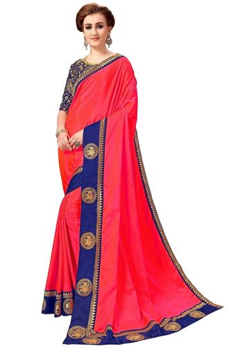 Pink And Blue Animal Design Embroidery Lace Border Work Saree