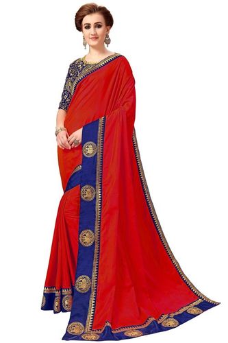 Red And Blue Plain Party Wear Silk Saree