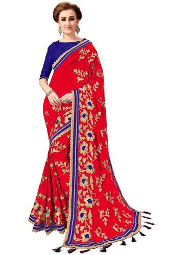 Red And Blue Stylish Embroidered Saree