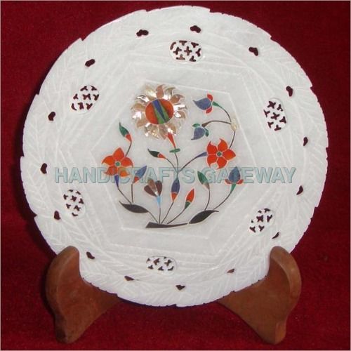 White Handmade Beautiful Marble Inlay Decorative Plate