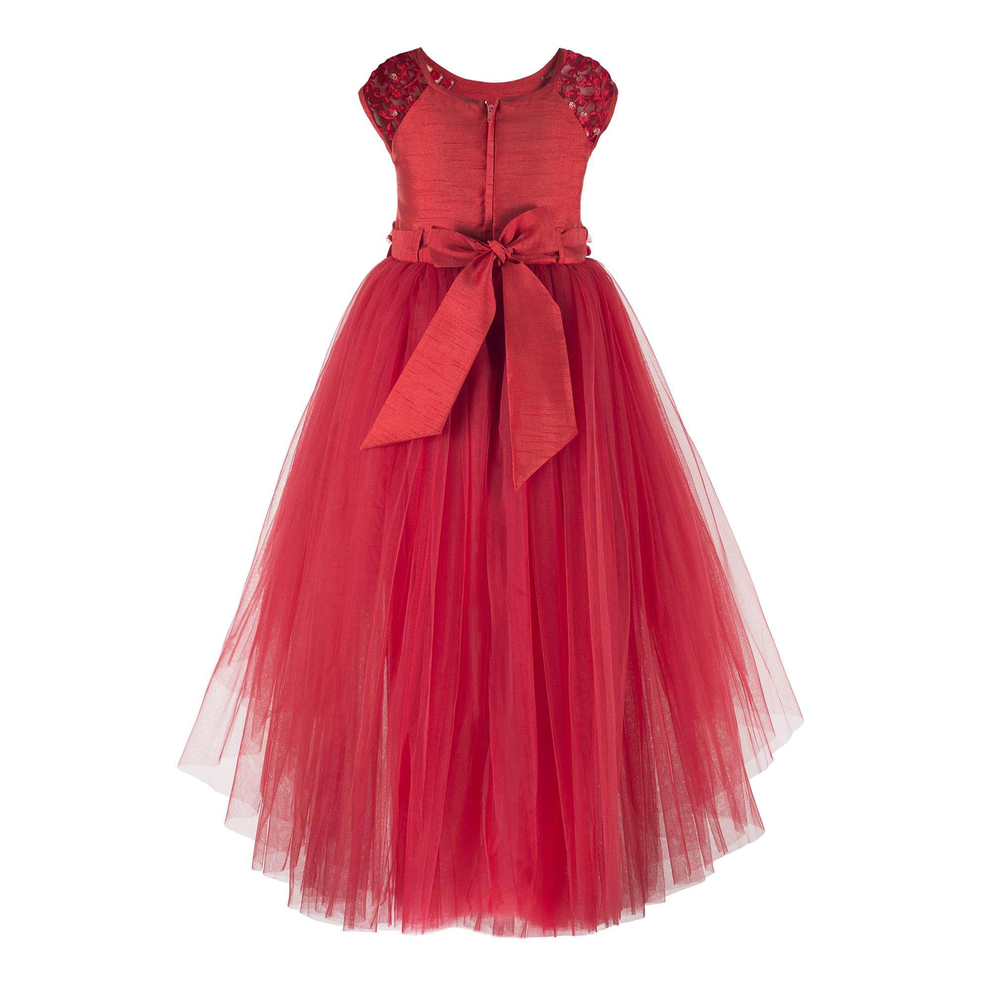 Floral Embroidered Red Girls Hi-low Dress