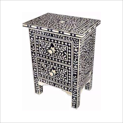 Designer White And Grey Floral Bone Inlay Bedside Table