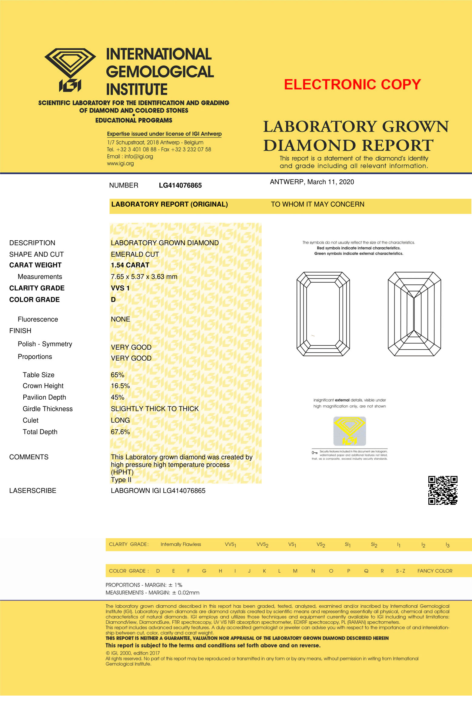 1.54ct Diamond D VVS1 IGI Certified Lab Grown CVD Emerald BRILLIANT CUT TYPE2A