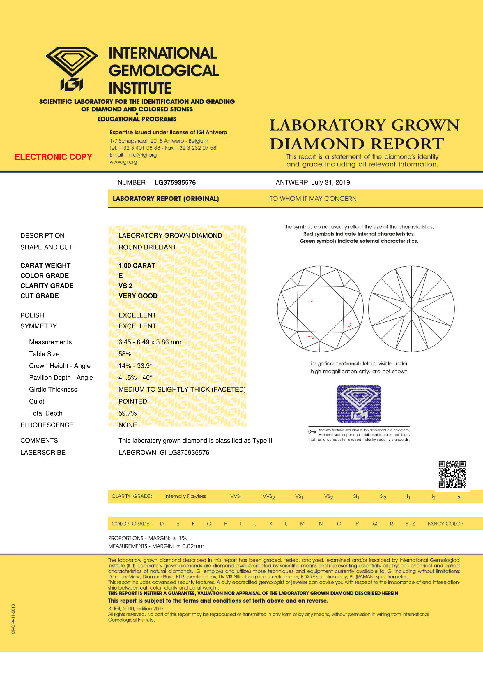 1.00ct Diamond E VS2 IGI Certified Lab Grown CVD ROUND BRILLIANT CUT TYPE2A