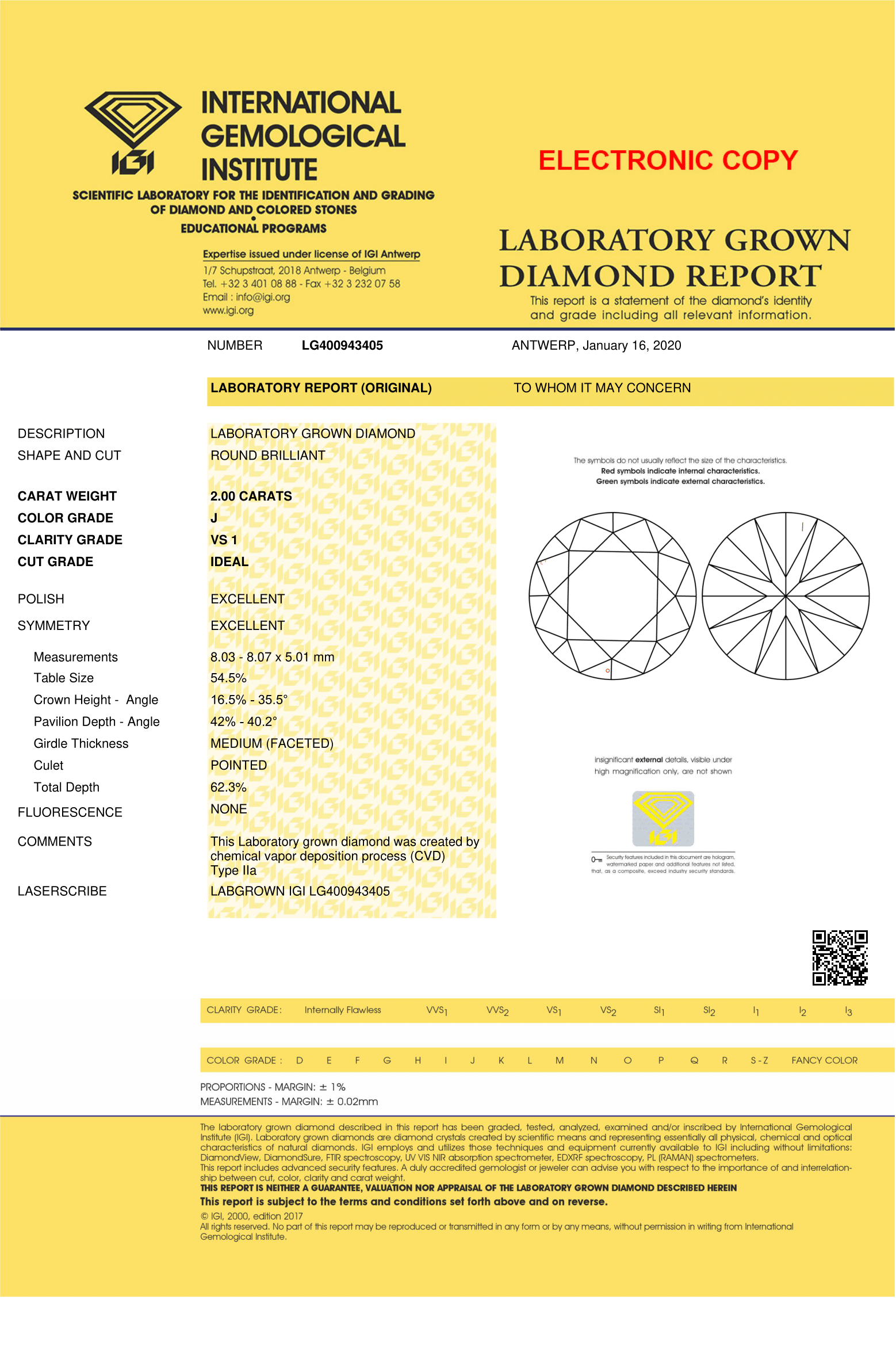 2.00ct Diamond J VS1 IGI Certified Lab Grown CVD ROUND BRILLIANT CUT TYPE2A