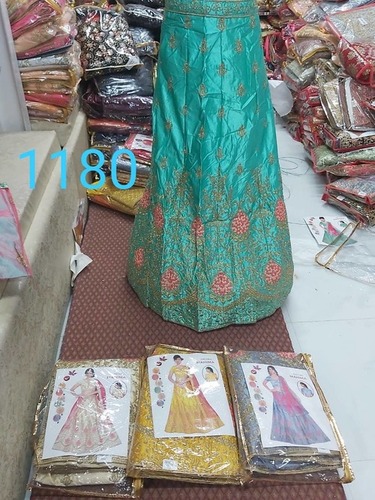 Silk Lehenga - Free Size, 42 Inches Length | Teal Color, Floral Embroidery, A-Line Style, Elastic Waist