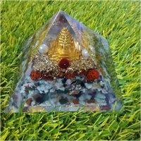 New Orgone Shree Yantra Meru With Multi Stone Pyramid - 80mm, Golden Amethyst Triangle Shape, Polished Natural Stone With Multi-colored Cubes