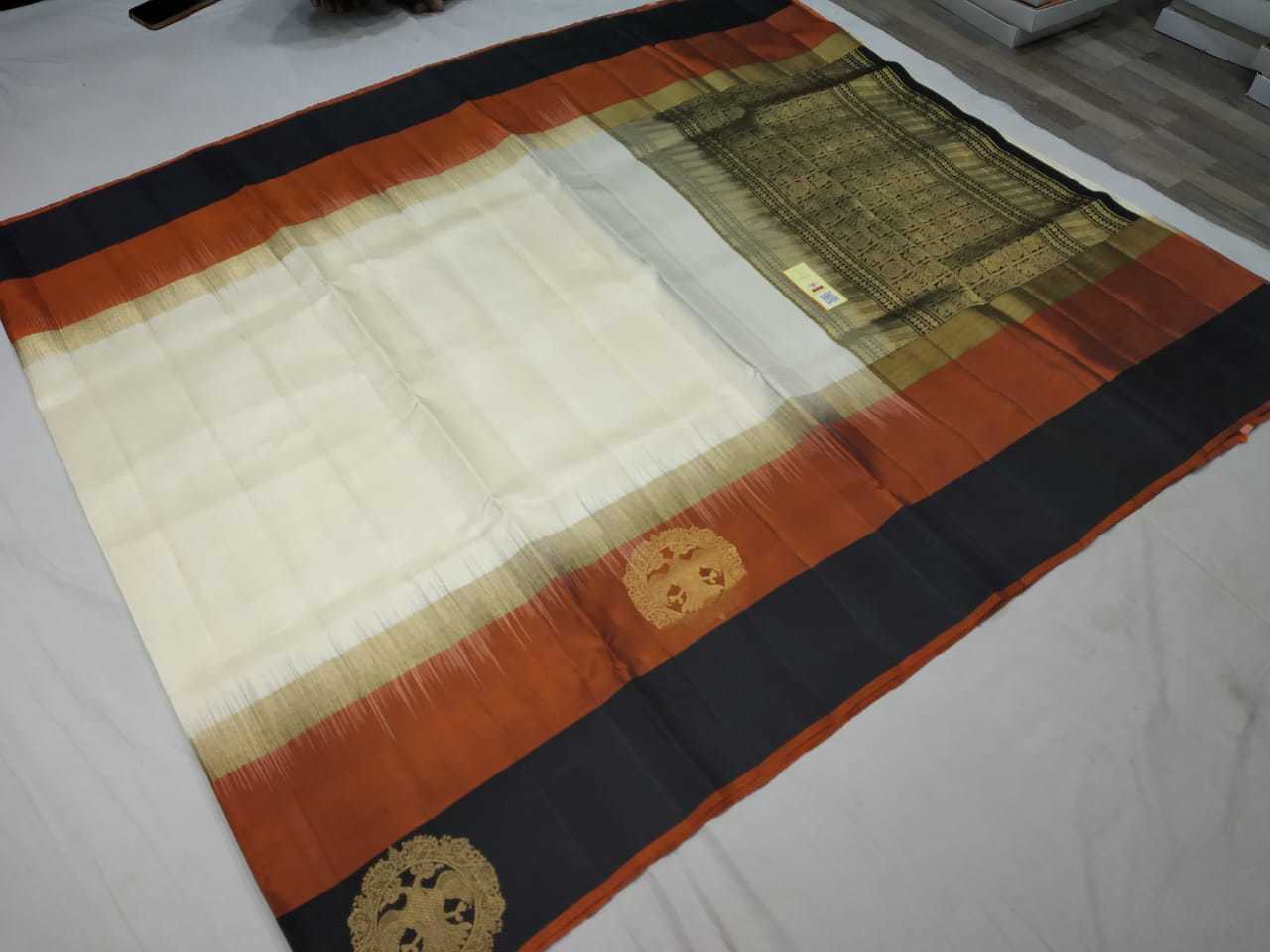 Pure Kanchipuram Silk Saree With White And Black Colour Combination